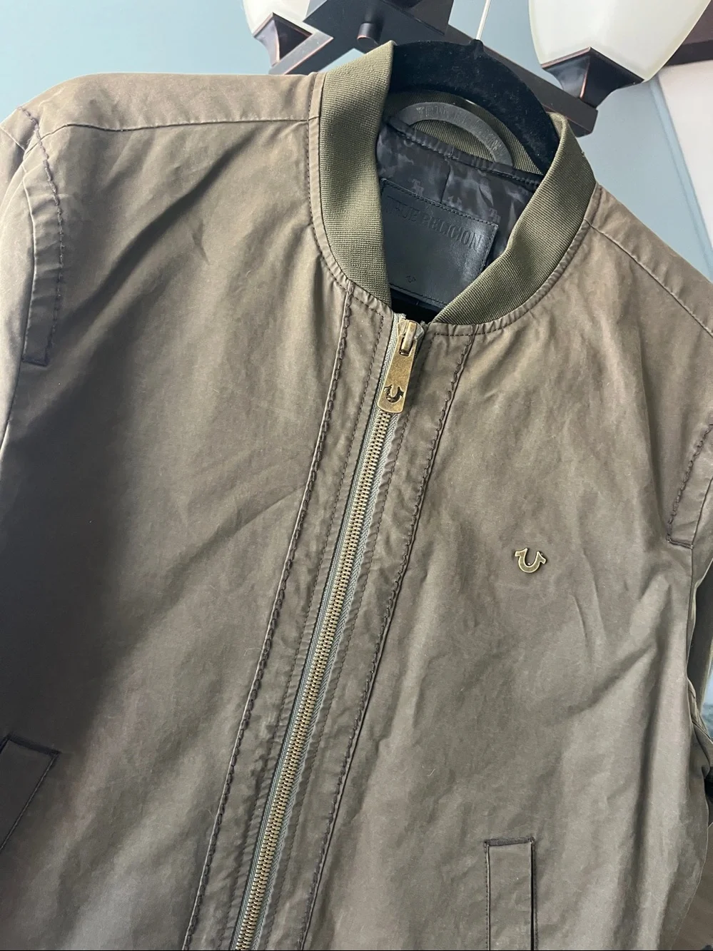 True Religion Waxed Bomber in Military Olive